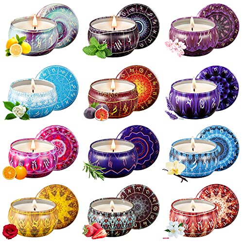 Scented Candles Gifts Set, 12 Constellations Soy Wax Jar Candles, Aromatherapy Candles with Portable Travel Tin, Great Gift for Home Decor, Christmas