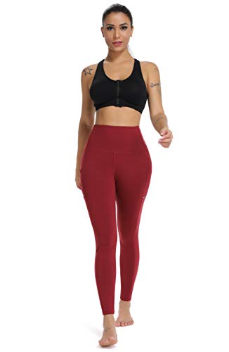 Olacia Yoga Pants with Pocket High Waisted Tummy Control Workout Leggings, Wine Red, Large