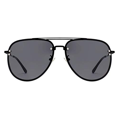VIVIENFANG Oversized Rimless Aviator Sunglasses Metal Frame with Spring Hinges, Designer Inspired Shade for Women/Men 87247A Black