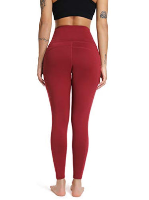 Olacia Yoga Pants with Pocket High Waisted Tummy Control Workout Leggings, Wine Red, Large