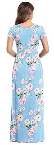 VIISHOW Women's Short Sleeve Floral Dress Loose Plain Maxi Dresses Casual Long Dresses with Pockets(Floral Light Blue Medium)