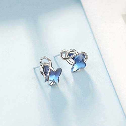 AOBOCO Sterling Silver Infinity Butterfly Earrings, Crystal from Swarovski, Hypoallergenic Stud Earrings, Anniversary Birthday Butterfly Jewelry Gifts for Women(Blue)