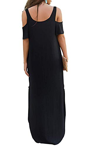 Yanekop Womens Summer Casual Loose Maxi Dresses Cold Shoulder Short Sleeve Beach Dress with Pockets(Black,2XL)