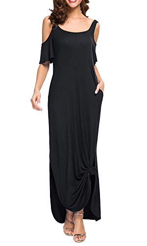 Yanekop Womens Summer Casual Loose Maxi Dresses Cold Shoulder Short Sleeve Beach Dress with Pockets(Black,2XL)