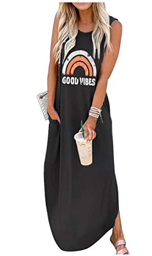CHUNTIANRAN Maxi Dress for Women Summer Sleeveless Casual Loose Pocket Long Dresses Hawaiian Beach Modern T Shirts Dress(Black,2XLarge)