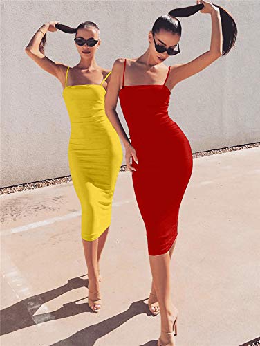 GOBLES Women's Sexy Spaghetti Strap Sleeveless Bodycon Mid Club Dress (S, Red)