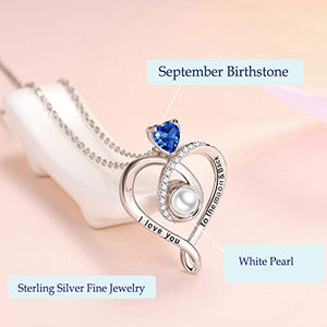 Birthday Gifts for Wife Mom September Birthstone Blue Sapphire Necklace for Her Sterling Silver Love Heart Pearl I Love You to the Moon and Back Jewelry for Women