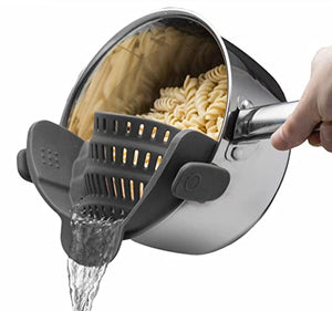 Kitchen Gizmo Snap N Strain Pot Strainer and Pasta Strainer - Adjustable Silicone Clip On Strainer for Pots, Pans, and Bowls - Gray