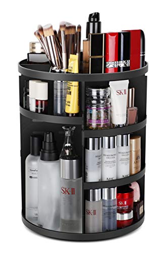 Syntus 360 Rotating Makeup Organizer, DIY Adjustable Bathroom Makeup Carousel Spinning Holder Rack, Large Capacity Cosmetics Storage Box Vanity Shelf Countertop, Fits Makeup Brushes, Lipsticks, Black