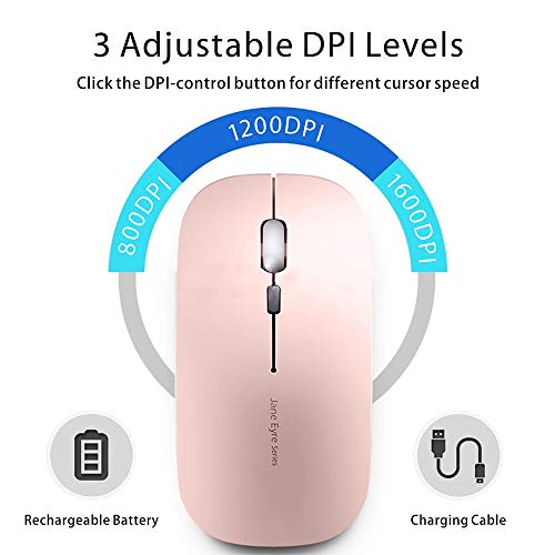 Uciefy Q5 Slim Rechargeable Wireless Mouse, 2.4G Portable Optical Silent Ultra Thin Wireless Computer Mouse with USB Receiver and Type C Adapter, Compatible with PC, Laptop, Desktop (Rose Gold)