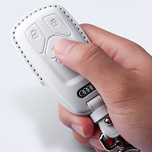 Tukellen for Audi Key Fob Cover Genuine Leather with Keychain,Leather Key Case Protector Compatible Audi A4 Q7 Q5 TT A3 A6 SQ5 R8 S5 Smart Key-White