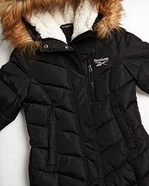 Reebok Girls' Winter Jacket - Stadium Length Quilted Puffer Parka Windbreaker Coat (7-16), Size 7-8, Awesome Black