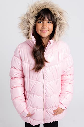 Juicy Couture Girls Puffer Jacket, Novelty Fur Lined Bubble Kids Coat with Tie Dye Interior, Pink, Medium