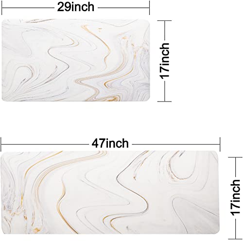 Colorful Star 2 Pieces Waterproof Cushioned Kitchen Rugs Set PVC Leather Runner Rug Non-Slip Anti Fatigue Standing Mat Comfort Floor Mat for Kitchen Laundry Decor 17"x 29"+17"x 47" Luxury Marble Ink
