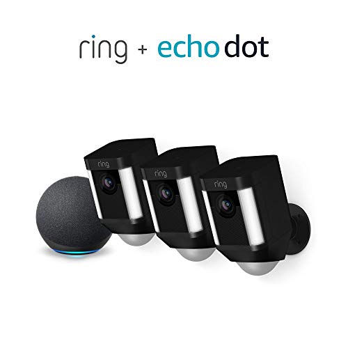 Ring Spotlight Cam Battery HD Security Camera - 3-Pack (Black) and Echo Dot (4th Gen)