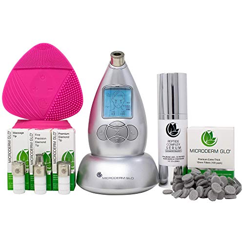 Microderm GLO Complete Skincare Package Includes Diamond Microdermabrasion System, Premium, Fine, Massage Tips, 10mm Filters 100 pack, Peptide Complex Serum & Sonic Facial Cleansing Brush (Silver)