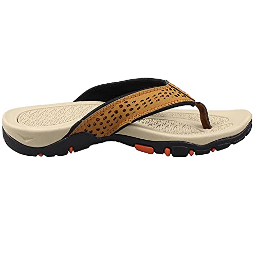 PhiFA Men's Flip Flops Leather Sandals for Casual Indoor Outdoor Beach Thong Khaki Size 9