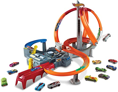 Hot Wheels Track Set with 1 Toy Car, Multi-Lane, Motorized Track with 3 Crash Zones, Spin Storm Racetrack 
