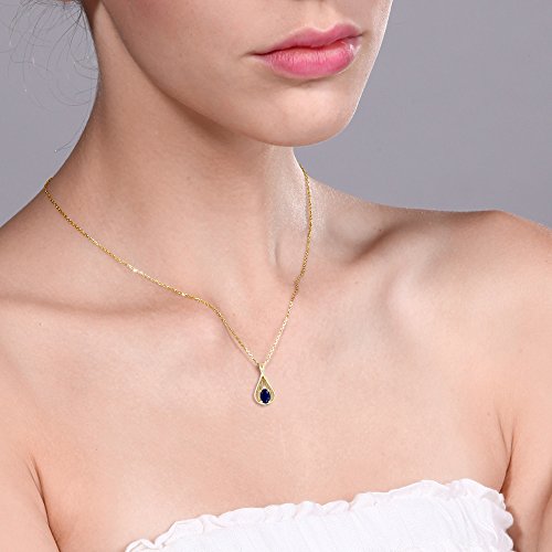 Gem Stone King 10K Yellow Gold Blue Sapphire and Diamond Teardrop Pendant Necklace For Women 0.55 cttw Oval with 18 Inch Chain