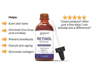 goPure Retinol Face Serum - Anti Aging & Anti Inflammatory Complex with Vitamin E & Vitamin C - Antioxidant Anti Wrinkle Facial Serum for Men & Women - Cruelty Free