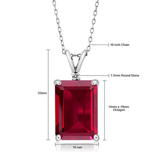 Gem Stone King 925 Sterling Silver Red Created Ruby and White Diamond Pendant Necklace (8.02 Ct Emerald Cut 14X10MM, with 18 Inch Silver Chain)