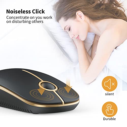 Silent Wireless Mouse, 2.4G Slim Travel Mouse with USB Receiver, Quiet Click Protable Computer Mice for Laptop PC Mac, Comfortable Texture, Black & Gold