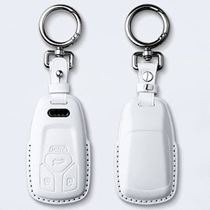 Tukellen for Audi Key Fob Cover Genuine Leather with Keychain,Leather Key Case Protector Compatible Audi A4 Q7 Q5 TT A3 A6 SQ5 R8 S5 Smart Key-White