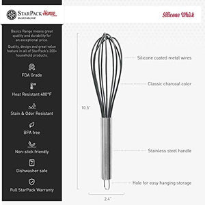 StarPack Basics Silicone Whisks for Cooking - Whisk Silicone Material with High Heat Resistance of 480°F - Non-Stick Kitchen Whisk for Cooking, Baking & Stirring - Durable Rubber Whisk (Gray Black)