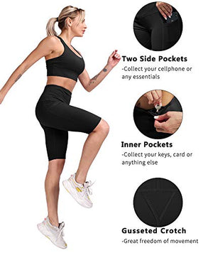 CHRLEISURE 3 Pack Biker Shorts for Women High Waist with Pockets - Spandex Yoga Tummy Control Shorts (3Packs 3Black, L)