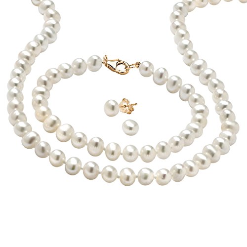 14K Yellow Gold over Sterling Silver Round Genuine Cultured Freshwater Pearl 3 Piece Pearl Set, 18 inches
