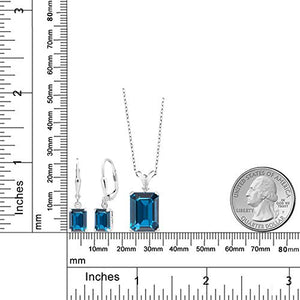 Gem Stone King 925 Sterling Silver London Blue Topaz Pendant Earrings Set, 13.49 Ct Emerald Cut with 18 Inch Chain