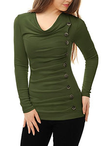 Allegra K Women's Cowl Neck Long Sleeves Buttons Decor Ruched Top XL Green