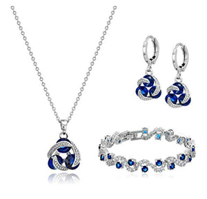 Blue Simulated Sapphire Zirconia Crystals Jewelry Set Pendant Necklace 18" Earrings Bracelet 18K White Gold Plated