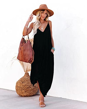 Women's Loose Maxi Dresses Casual Long Dresses with Pockets (S, Black)