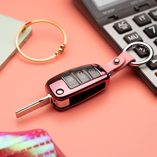 ZSPDACC Compatible with Audi Key Fob Cover Case Car Key Fob Protector Car Key Chain Holder Compatible with Audi A1 A3 A6 Q2 Q3 Q7 R8 RS R8 S3 TT TTS for Audi Foldable Key Pink Rose Gold accessories