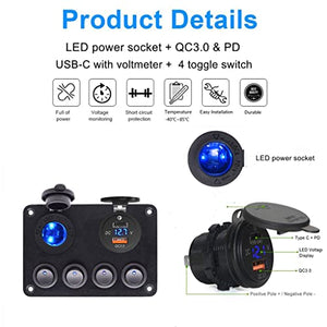 Switchtec 4 Gang Toggle Switch 12V Panel w/Quick Charge 3.0 USB Charger, Type C Blue led Voltmeter. All are Pre-Wired Marine Boat, Truck Vehicles, Automotive, Auto, RV