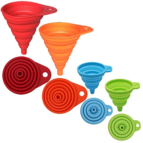 KongNai Silicone Collapsible Funnel Set of 4, Small and Large, Kitchen Gadgets Accessories Foldable Funnel for Water Bottle Liquid Transfer Food Grade (L, S 4 Pack)