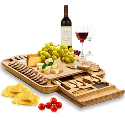 Premium Bamboo Cheese Board Set - Large Charcuterie Boards & Cheese Board and Knife Set - Kitchen Wine Meat Cheese Platter - Unique Mothers Day Gift, Housewarming Gift, Anniversary or Wedding Gift