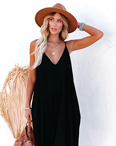 Women's Loose Maxi Dresses Casual Long Dresses with Pockets (S, Black)