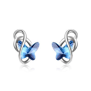 AOBOCO Sterling Silver Infinity Butterfly Earrings, Crystal from Swarovski, Hypoallergenic Stud Earrings, Anniversary Birthday Butterfly Jewelry Gifts for Women(Blue)