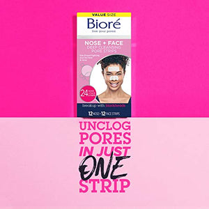 Bioré Nose+Face, Deep Cleansing Pore Strips, 24 Ct Value Size, 12 Nose + 12 Face Strips for Chin or Forehead, Instant Blackhead Removal & Pore Unclogging, Oil-free, Non-Comedogenic, Packaging May Vary