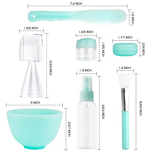 Silicon Mask Mixing bowl, Teenitor Facemask Mixing Tool Sets with Silicone Mask Bowl Silicone Mask Brush Mask Mixing Stick Spatula Measuring Cup Spray Bottle Cream Box Soaking Bottle Pack of 7 Green