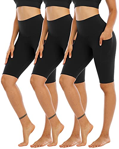 CHRLEISURE 3 Pack Biker Shorts for Women High Waist with Pockets - Spandex Yoga Tummy Control Shorts (3Packs 3Black, L)