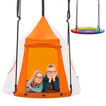 Zupapa Hanging Tree Swing, 2 in 1 Detachable Saucer Tree Swing Play House Tent for Kids, Max Capacity 400 LBS for Indoor Outdoor Use, Tree Straps Included(Rainbow)