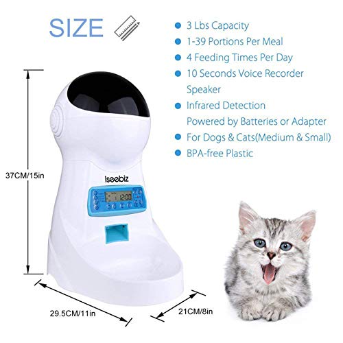 Iseebiz Automatic Cat Feeder 3L Pet Food Dispenser Feeder for Medium and Large Cat Dog——4 Meal, Voice Recorder and Timer Programmable,Portion Control