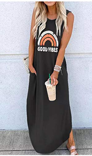 CHUNTIANRAN Maxi Dress for Women Summer Sleeveless Casual Loose Pocket Long Dresses Hawaiian Beach Modern T Shirts Dress(Black,2XLarge)