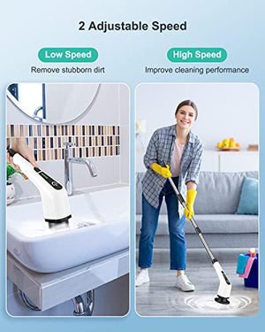 Electric Spin Scrubber, TOPMAKO Cordless Cleaning Brush with 54" Adjustable Long Handle and 8 Replaceable Brush Heads, 2 Rotating Speed Shower Scrubber for Bathroom Tub, Floor, Tile, Kitchen, Car Wash
