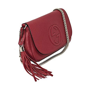 Gucci Soho Interlocking GG Red Leather Chain Flap Shoulder Bag Handbag Italy New