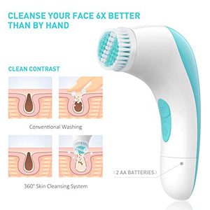 【2020 Upgraded】ETEREAUTY Facial Cleansing Brush, Waterproof Face Brush with 4 Brush Heads and a Protective Travel Case - Deep Cleansing, Gentle Exfoliating, Removing Blackhead for Face and Body, Cyan