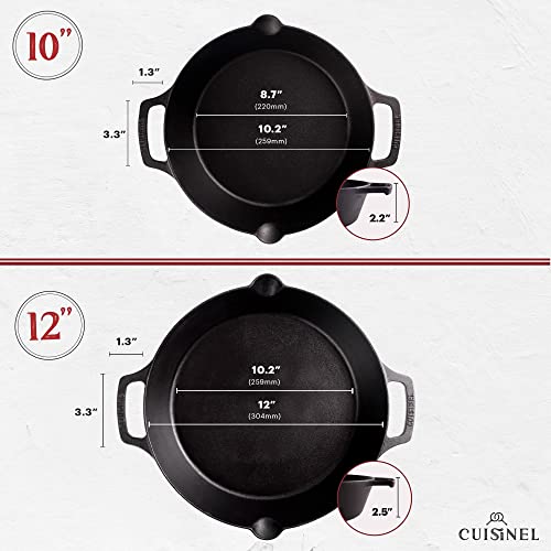 Cast Iron Skillet Set - 10" + 12"-Inch Dual Handle Frying Pans + Silicone Handle Holder Covers + Pan Scraper - Pre-Seasoned Oven, Grill, Stovetop, Induction Safe Kitchen Cookware - Indoor/Outdoor Use
